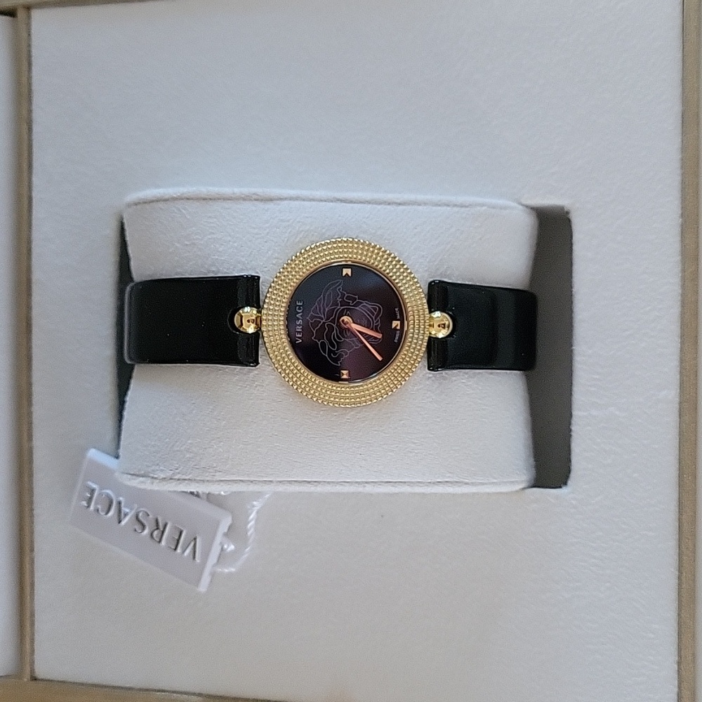 Versace Ladies Wrist 27mm Ion plated Goldtone Stainless w/Black Patent Leather